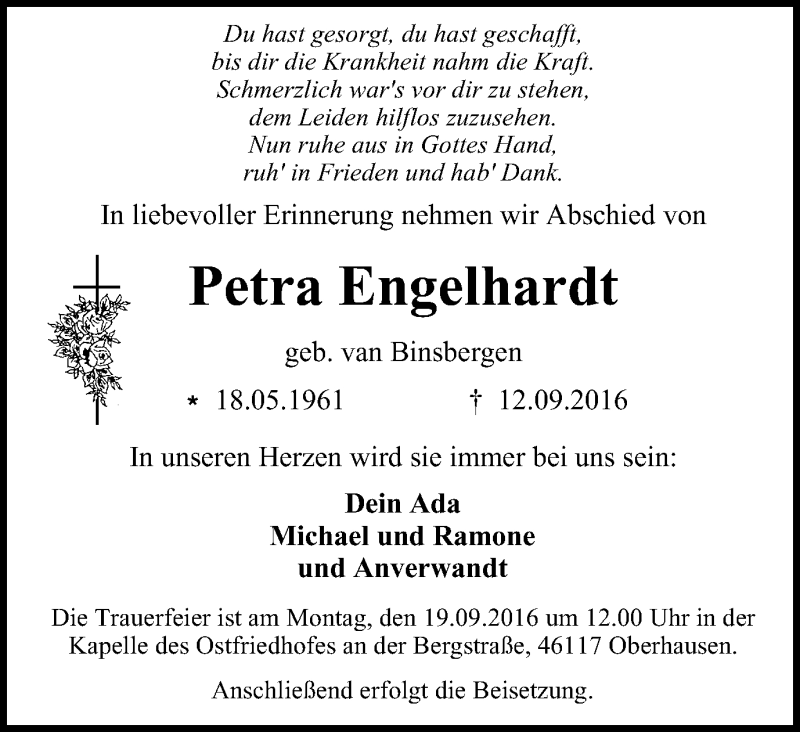  Traueranzeige für Petra Engelhardt vom 17.09.2016 aus Wochen-Anzeiger Oberhausen