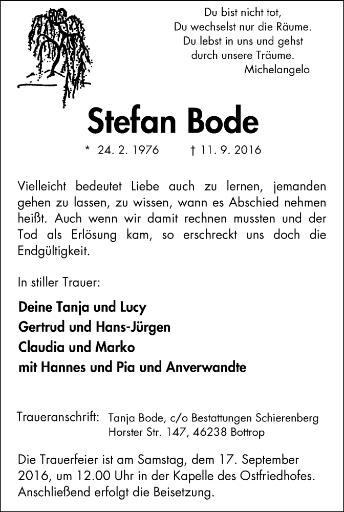  Traueranzeige für Stefan Bode vom 14.09.2016 aus Stadtspiegel Bottrop