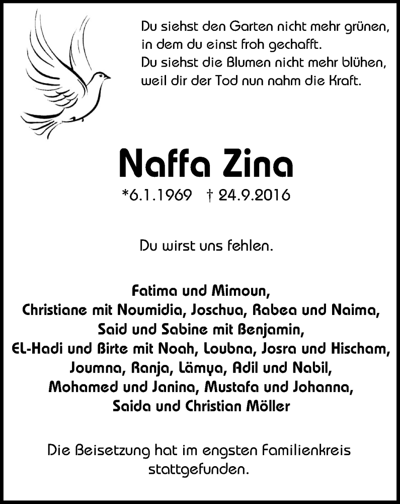  Traueranzeige für Naffa Zina vom 28.09.2016 aus Stadtanz.Castrop-Rauxel