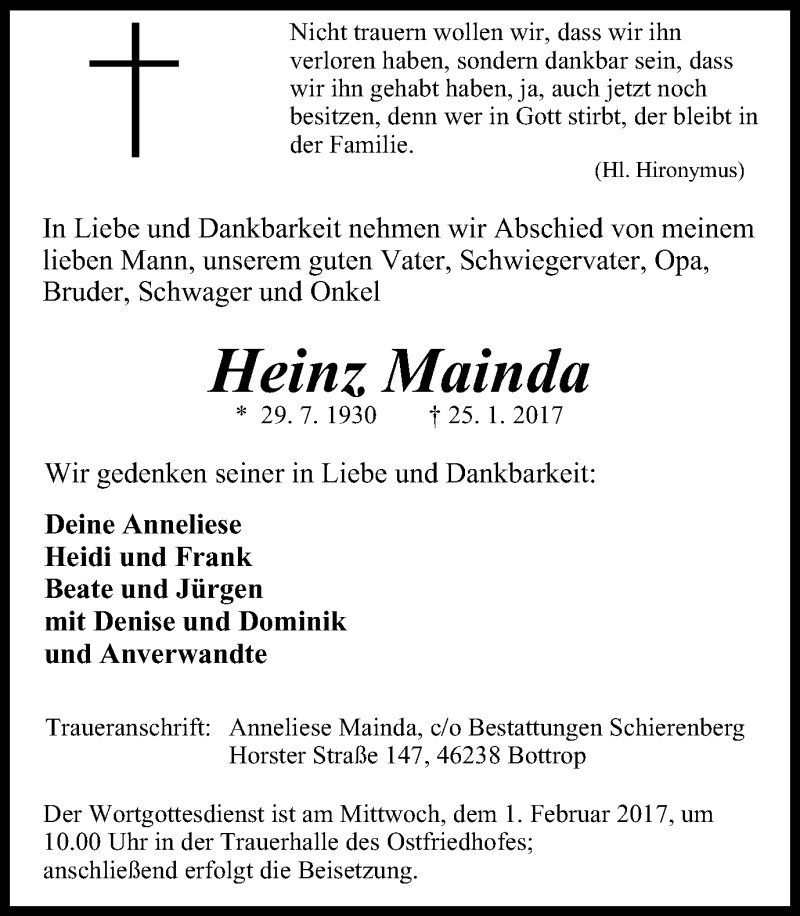  Traueranzeige für Heinz Mainda vom 28.01.2017 aus Stadtspiegel Bottrop