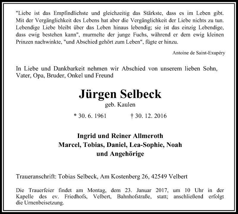  Traueranzeige für Jürgen Selbeck vom 21.01.2017 aus Stadtanzeiger Velbert + Heiligenhaus