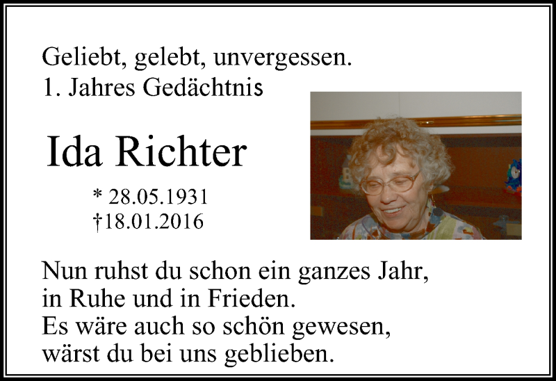  Traueranzeige für Ida Richter vom 18.01.2017 aus Mülheimer Woche