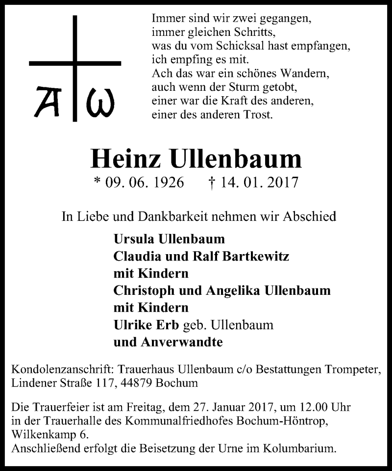  Traueranzeige für Heinz Ullenbaum vom 21.01.2017 aus Stadtspiegel Wattenscheid