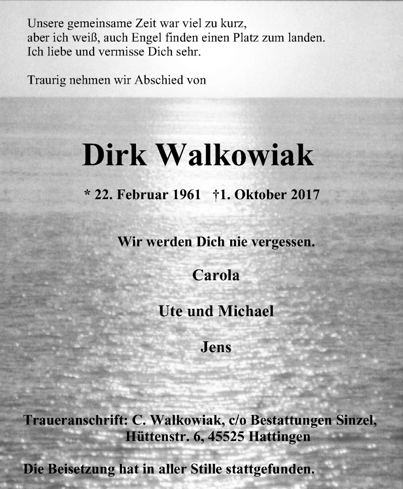  Traueranzeige für Dirk Walkowiak vom 21.10.2017 aus Stadtspiegel Hattingen/Niedersprockhövel