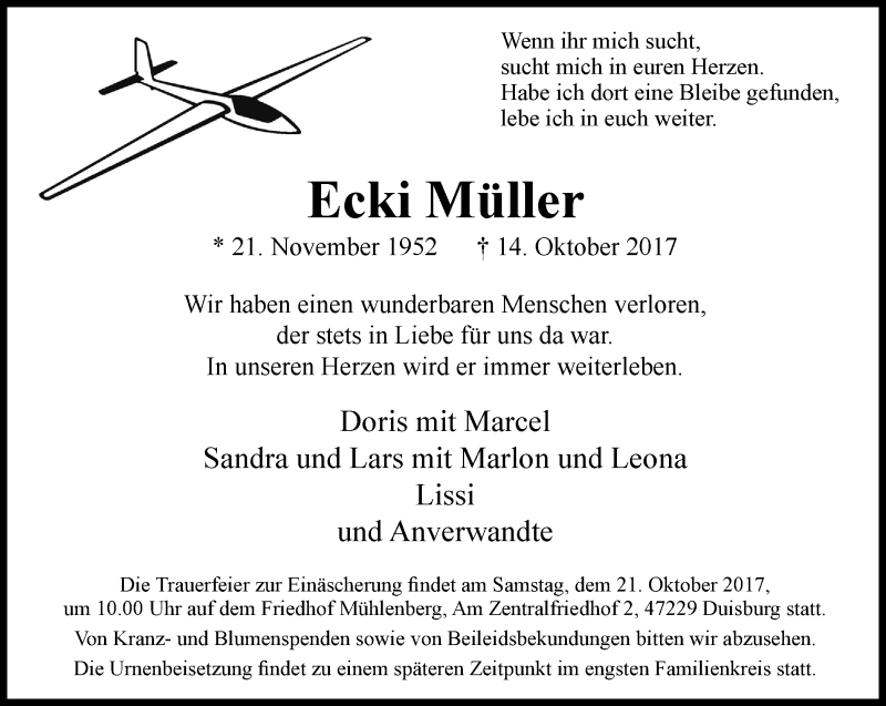  Traueranzeige für Ecki Müller vom 18.10.2017 aus Wochen-Anzeiger Duisburg