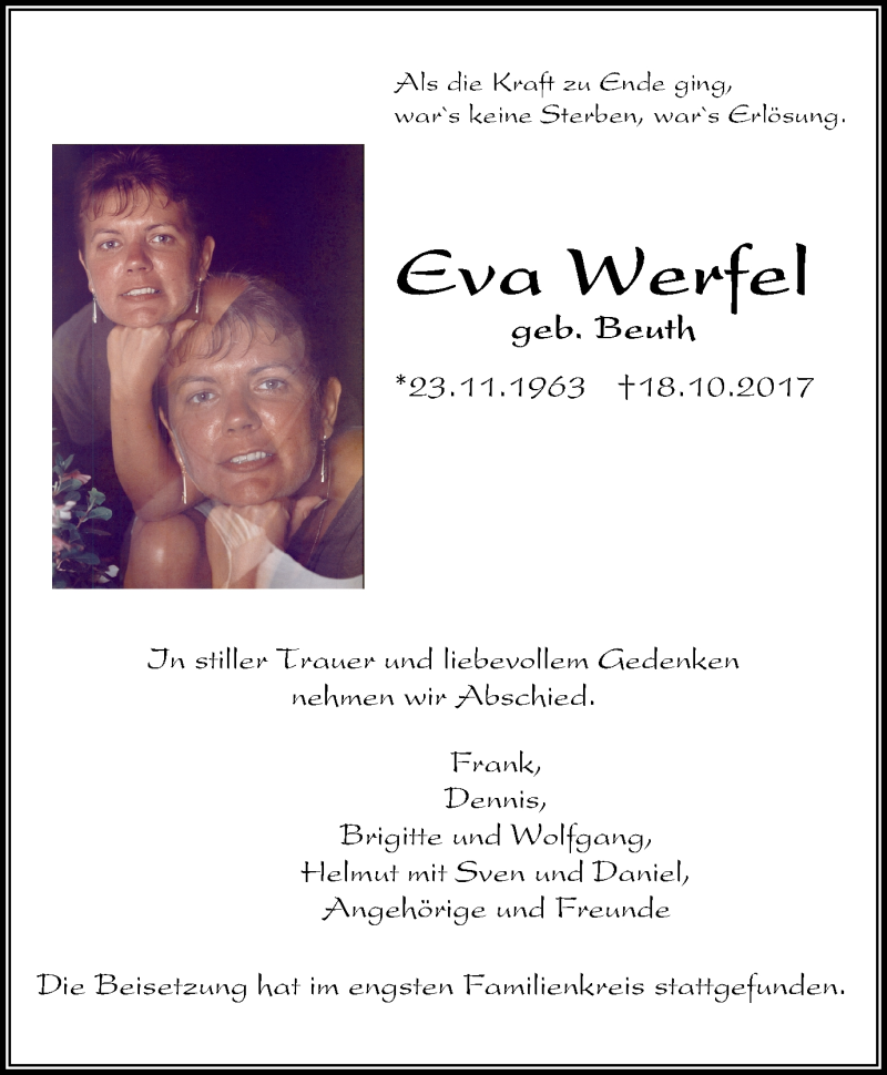  Traueranzeige für Eva Werfel vom 28.10.2017 aus Stadtspiegel Wattenscheid