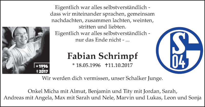  Traueranzeige für Fabian Schrimpf vom 18.10.2017 aus Stadtanz.Castrop-Rauxel