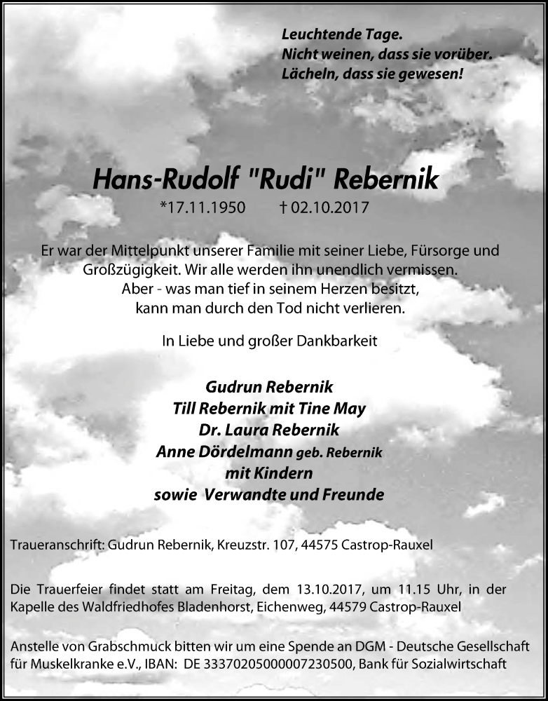  Traueranzeige für Hans-Rudolf Rudi Rebernik vom 11.10.2017 aus Stadtanz.Castrop-Rauxel