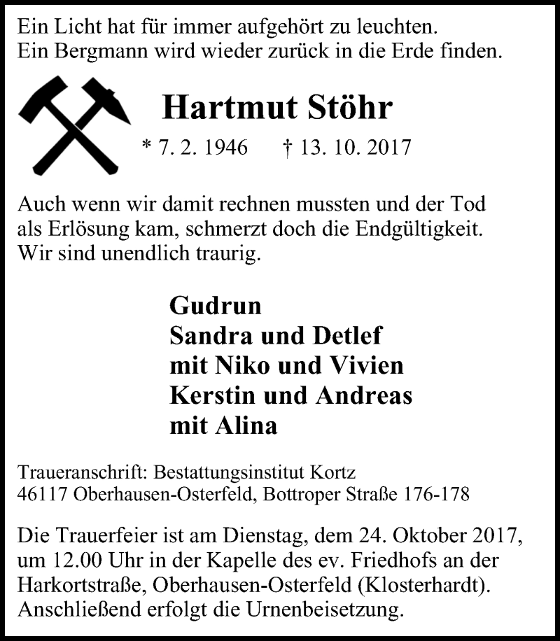  Traueranzeige für Hartmut Stöhr vom 18.10.2017 aus Wochen-Anzeiger Oberhausen