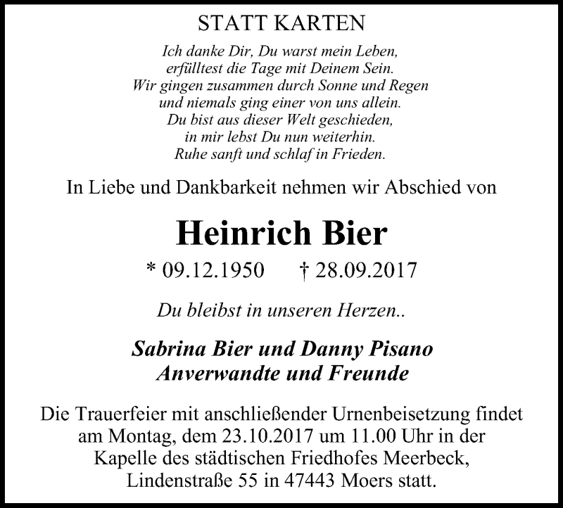  Traueranzeige für Heinrich Bier vom 18.10.2017 aus Wochen-Magazin Moers + Kamp-L. + Neuk-Vluyn