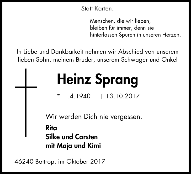  Traueranzeige für Heinz Sprang vom 18.10.2017 aus Stadtspiegel Bottrop
