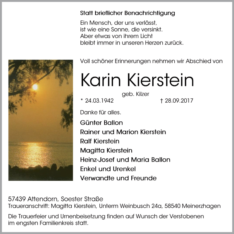  Traueranzeige für Karin Kierstein vom 04.10.2017 aus Nord Anzeiger Essen