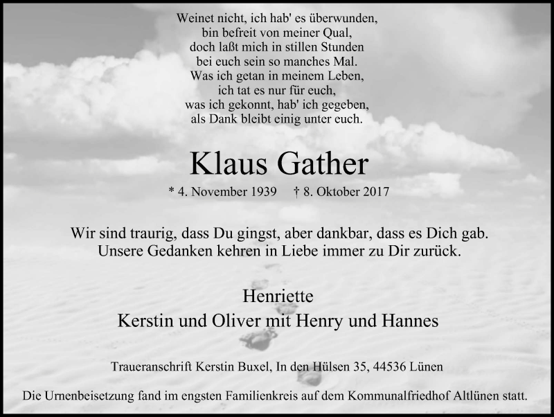  Traueranzeige für Klaus Gather vom 14.10.2017 aus Lüner Anzeiger