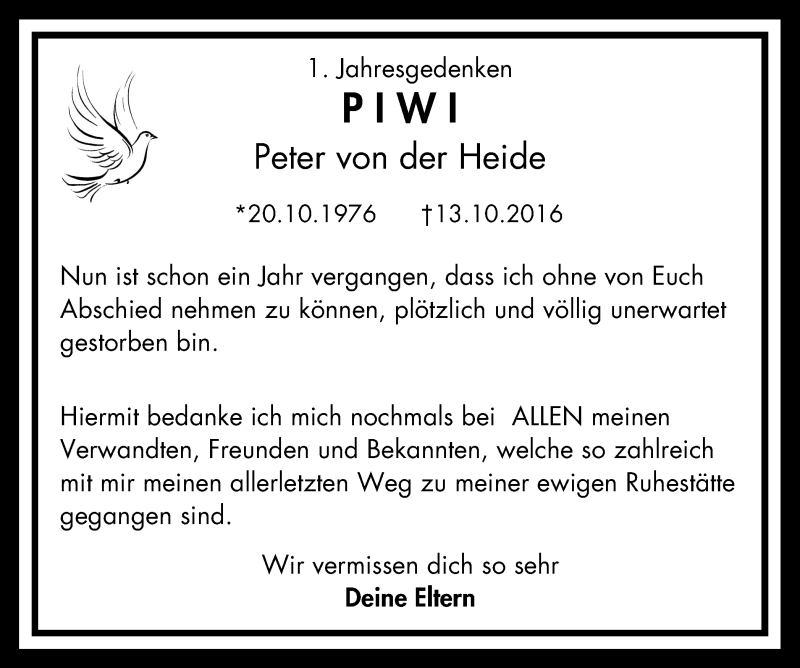  Traueranzeige für Peter von der Heide vom 14.10.2017 aus Stadtanz.Castrop-Rauxel