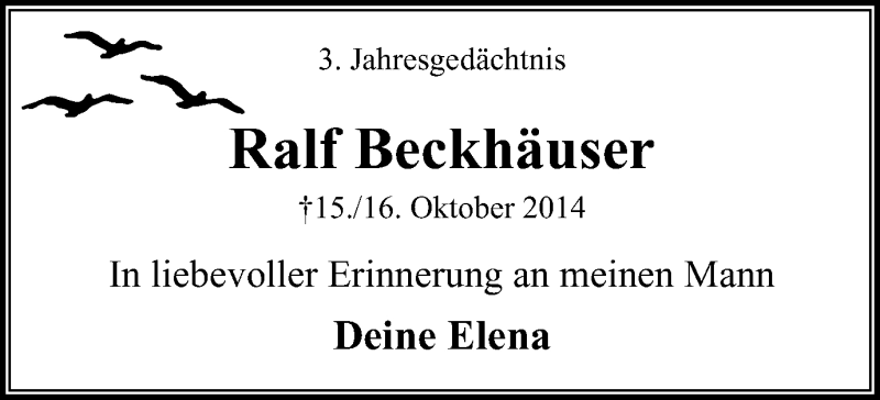  Traueranzeige für Ralf Beckhäuser vom 14.10.2017 aus Stadtspiegel Essen
