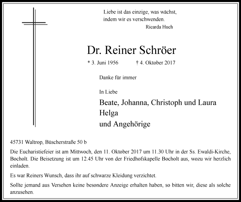  Traueranzeige für Reiner Schröer vom 07.10.2017 aus Stadtanz.Castrop-Rauxel
