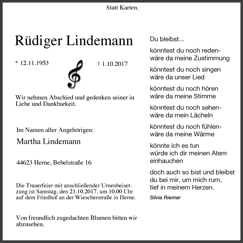  Traueranzeige für Rüdiger Lindemann vom 14.10.2017 aus Wochenblatt Herne/Wanne-Eickel