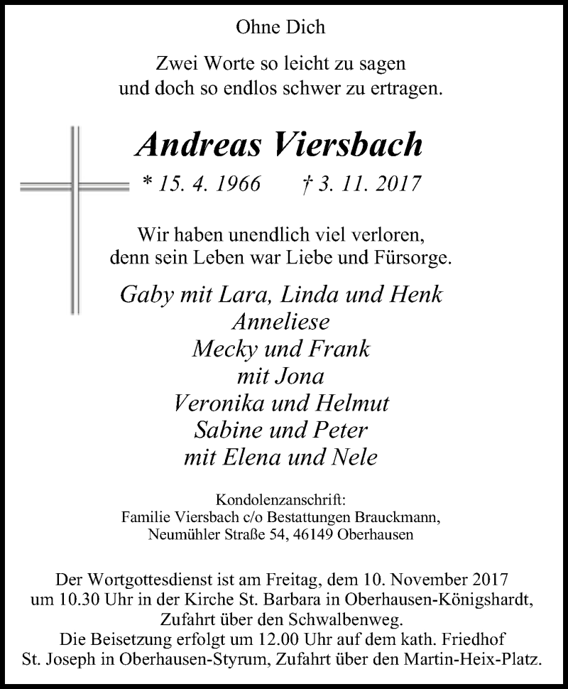  Traueranzeige für Andreas Viersbach vom 08.11.2017 aus Wochen-Anzeiger Oberhausen