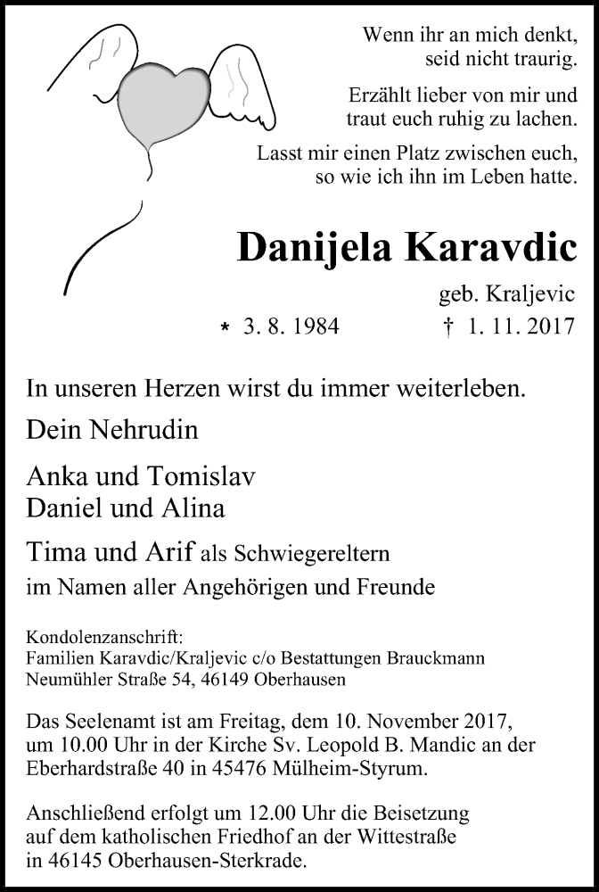  Traueranzeige für Danijela Karavdic vom 04.11.2017 aus Wochen-Anzeiger Oberhausen