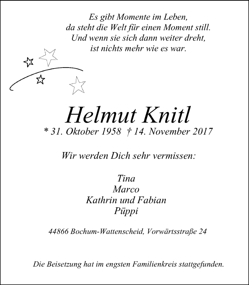  Traueranzeige für Helmut Knitl vom 25.11.2017 aus Stadtspiegel Wattenscheid