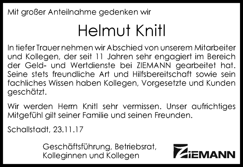  Traueranzeige für Helmut Knitl vom 25.11.2017 aus Stadtspiegel Bochum + Wattenscheid