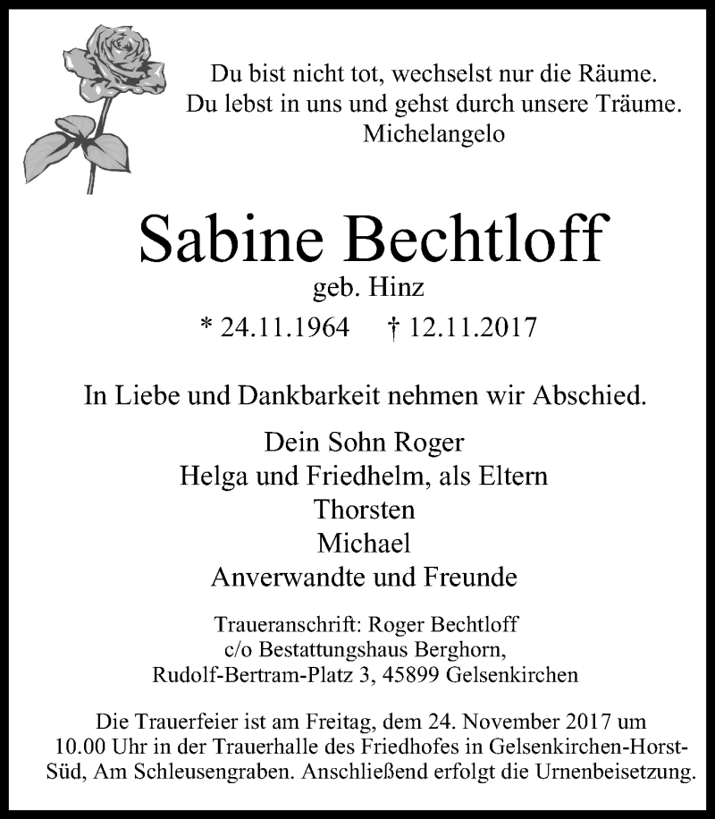 Traueranzeige für Sabine Bechtloff vom 18.11.2017 aus Stadtspiegel Gelsenkirchen