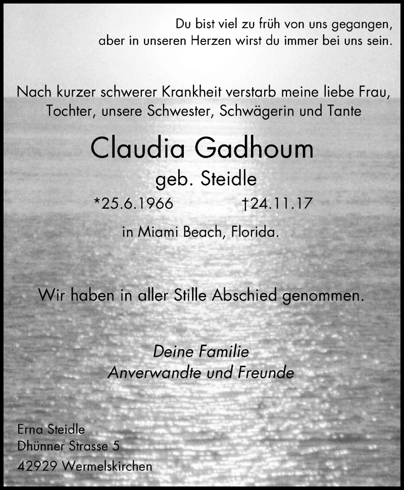  Traueranzeige für Claudia Gadhoum vom 09.12.2017 aus Mülheimer Woche