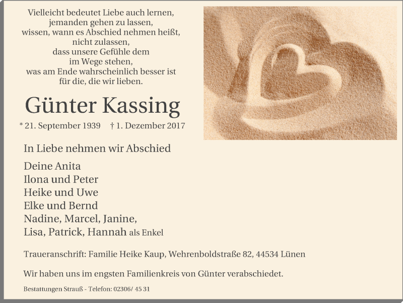 Traueranzeige für Günter Kassing vom 16.12.2017 aus Lüner Anzeiger