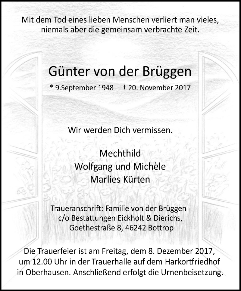  Traueranzeige für Günter  von der Brüggen vom 02.12.2017 aus Stadtspiegel Bottrop