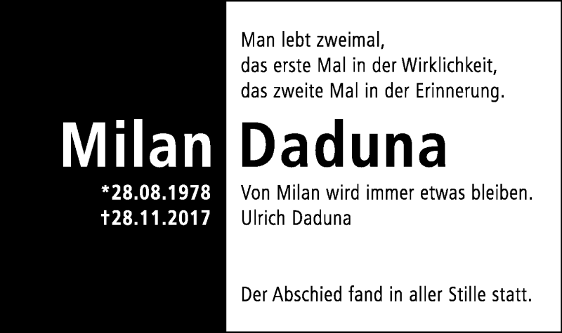 Traueranzeige für Milan Daduna vom 09.12.2017 aus Stadtspiegel Gelsenkirchen