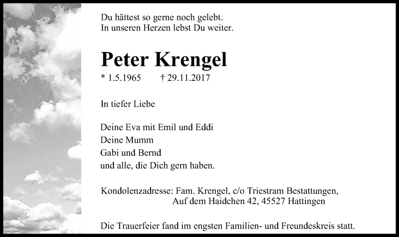 Traueranzeige für Peter Krengel vom 09.12.2017 aus Stadtspiegel Bochum