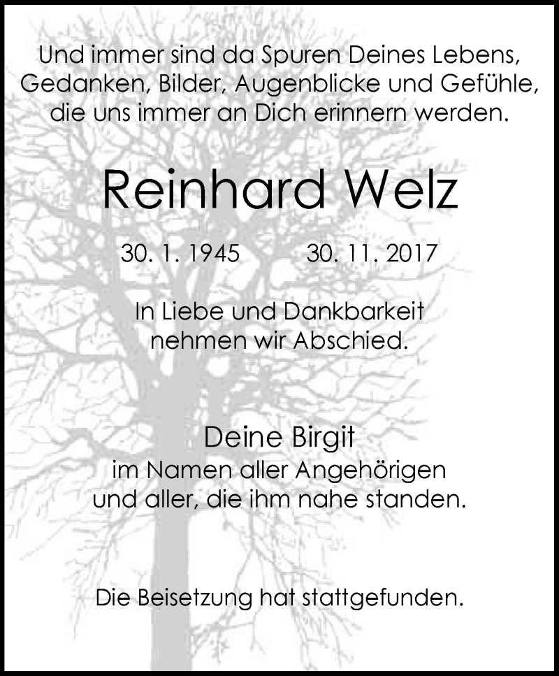  Traueranzeige für Reinhard Welz vom 20.12.2017 aus Wochen-Anzeiger Oberhausen