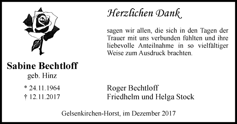  Traueranzeige für Sabine Bechtloff vom 20.12.2017 aus Stadtspiegel Gelsenkirchen