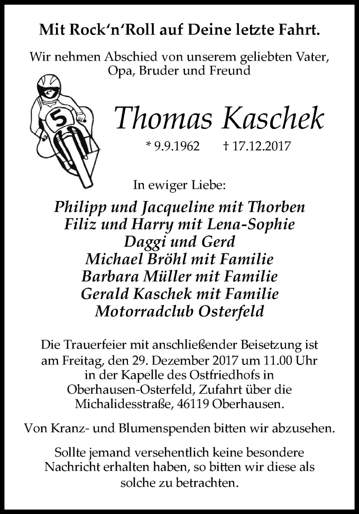  Traueranzeige für Thomas Kaschek vom 27.12.2017 aus Wochen-Anzeiger Oberhausen