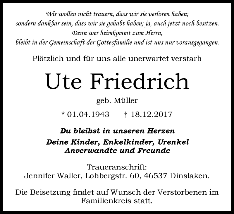  Traueranzeige für Ute Friedrich vom 27.12.2017 aus Niederrhein-Anz. Dinsl./Voerde/Hünxe