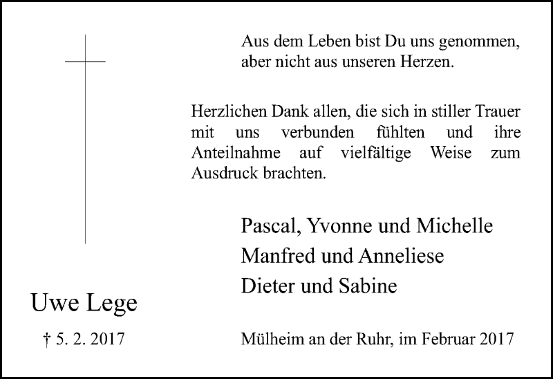  Traueranzeige für Uwe Lege vom 22.02.2017 aus Mülheimer Woche
