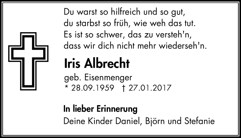  Traueranzeige für Iris Albrecht vom 01.02.2017 aus Wochenblatt Herne/Wanne-Eickel