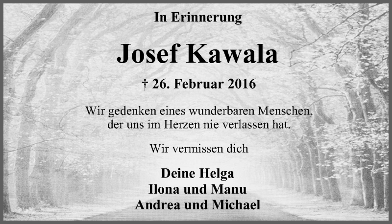  Traueranzeige für Josef Kawala vom 25.02.2017 aus Wochen-Anzeiger Oberhausen