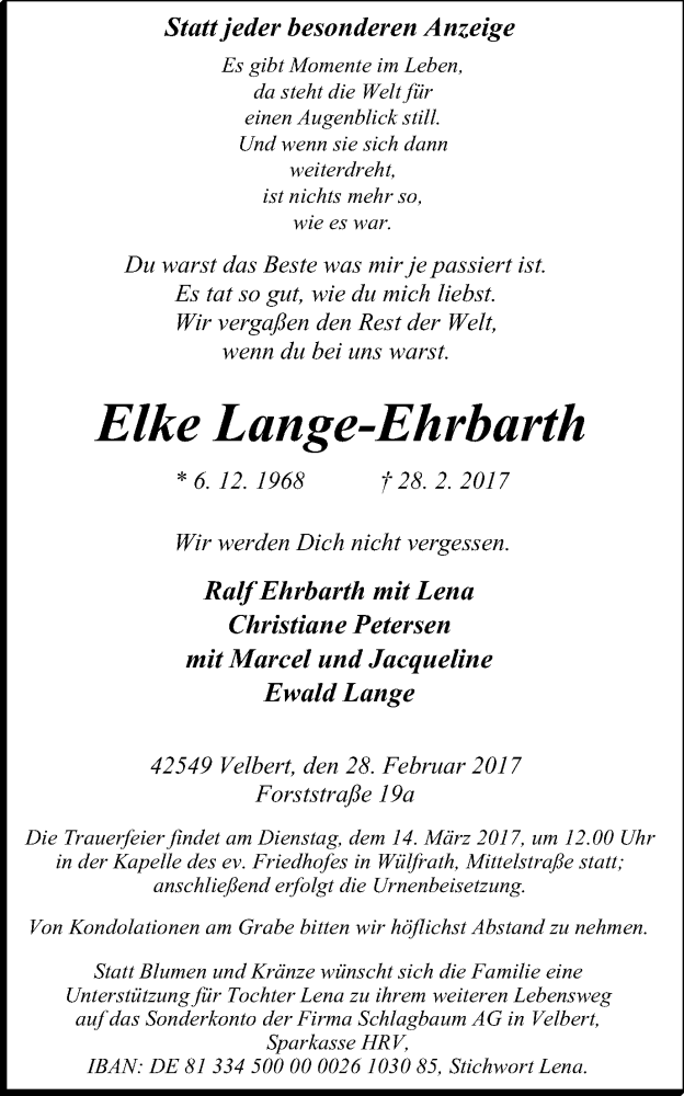  Traueranzeige für Elke Lange-Ehrbarth vom 08.03.2017 aus Stadtanzeiger Velbert + Heiligenhaus