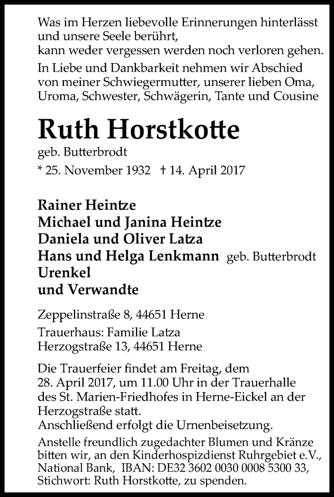  Traueranzeige für Ruth Horstkotte vom 22.04.2017 aus Wochenblatt Herne/Wanne-Eickel