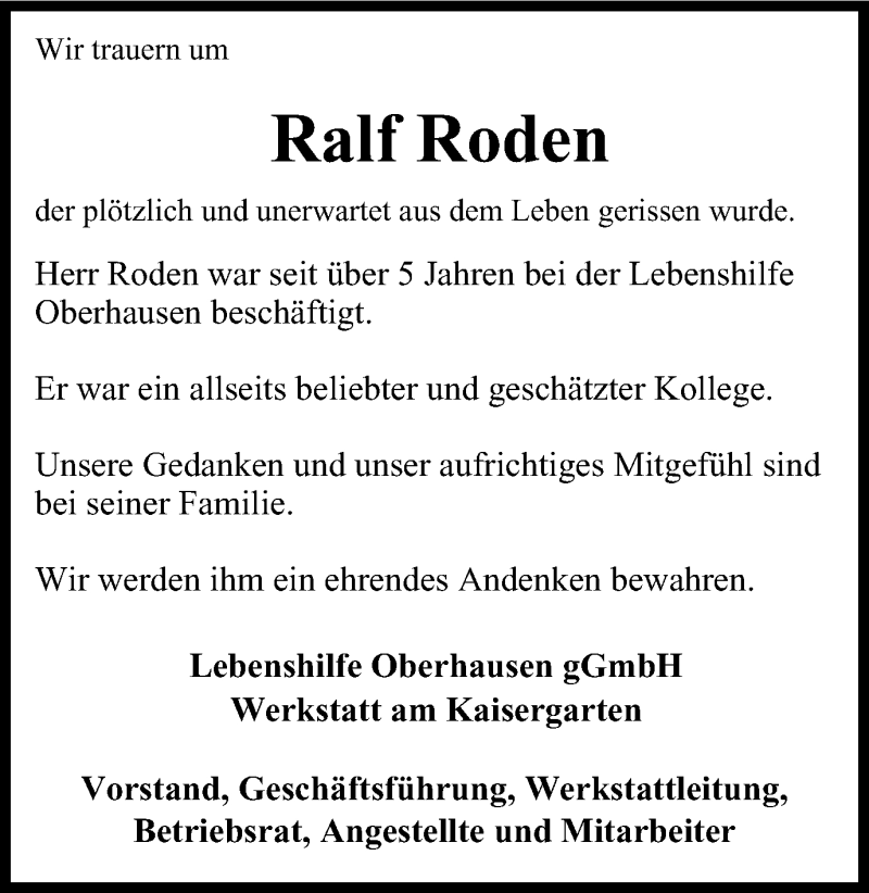  Traueranzeige für Ralf Roden vom 13.05.2017 aus Wochen-Anzeiger Oberhausen