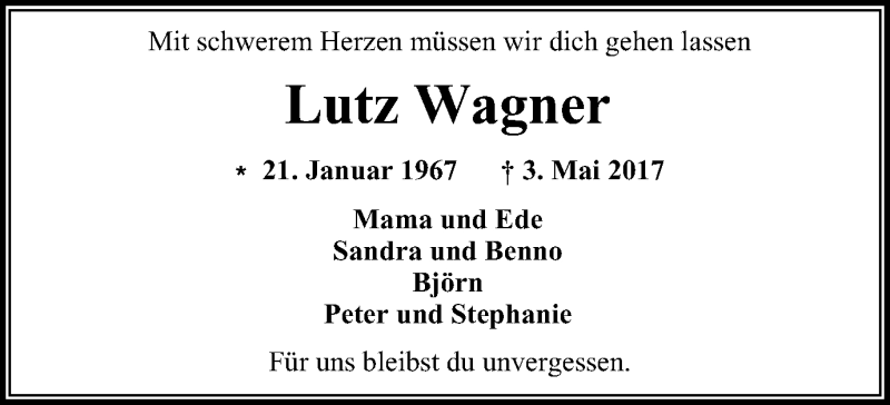  Traueranzeige für Lutz Wagner vom 10.05.2017 aus Wochen-Anzeiger Oberhausen