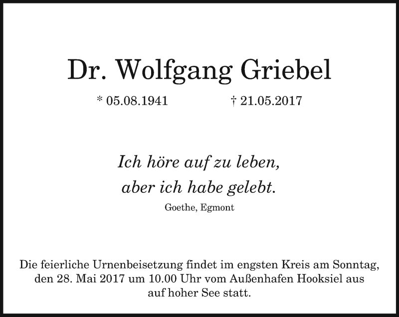  Traueranzeige für Wolfgang Griebel vom 27.05.2017 aus Stadtspiegel Bochum