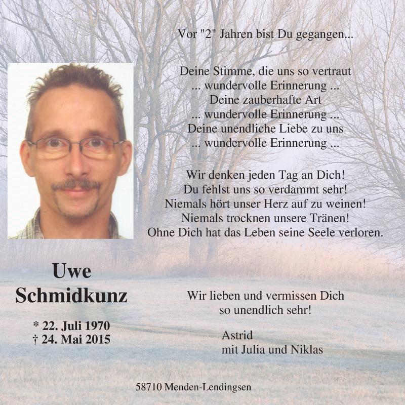  Traueranzeige für Uwe Schmidkunz vom 24.05.2017 aus Stadtspiegel Menden + Froendenberg