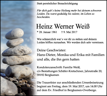 Traueranzeige von Heinz Werner Weiß von Stadtspiegel Kamen + Unna