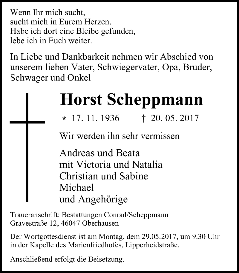  Traueranzeige für Horst Scheppmann vom 24.05.2017 aus Wochen-Anzeiger Oberhausen