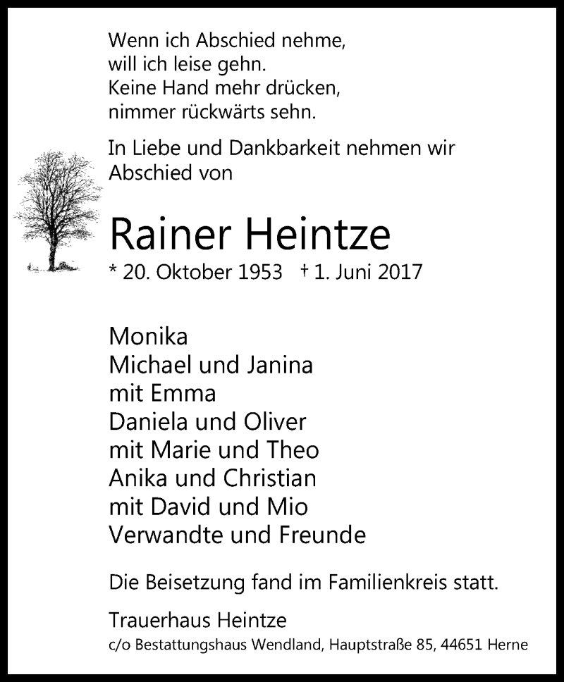  Traueranzeige für Rainer Heintze vom 21.06.2017 aus Wochenblatt Herne/Wanne-Eickel