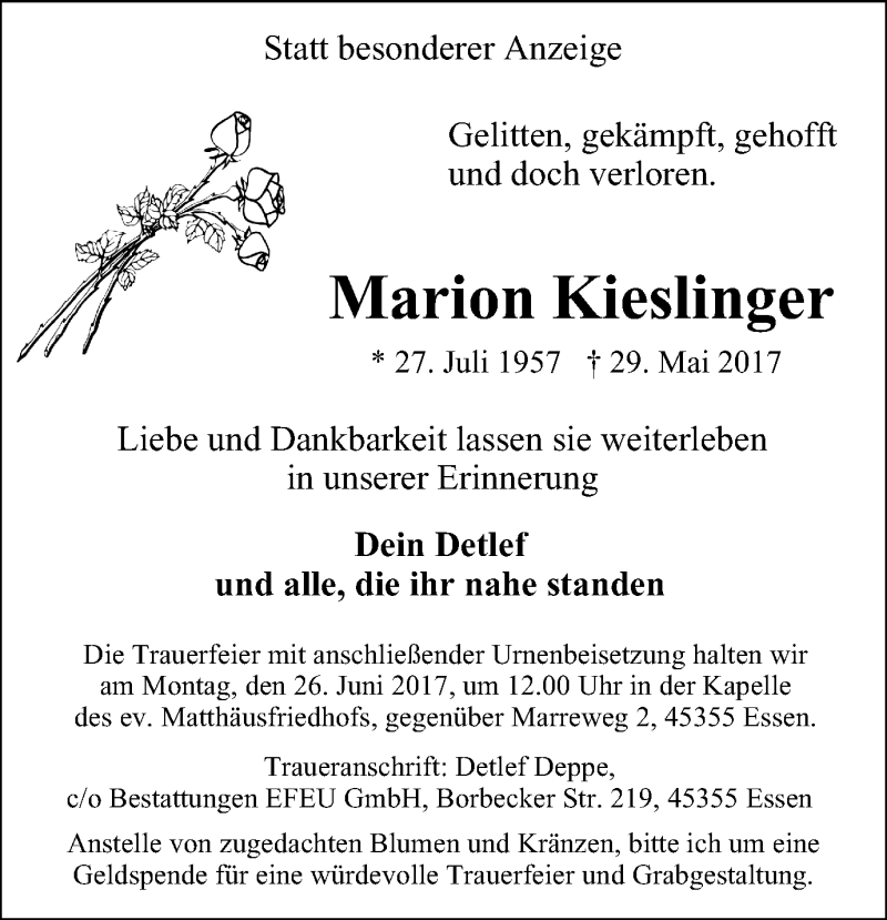  Traueranzeige für Marion Kieslinger vom 17.06.2017 aus Stadtspiegel Essen