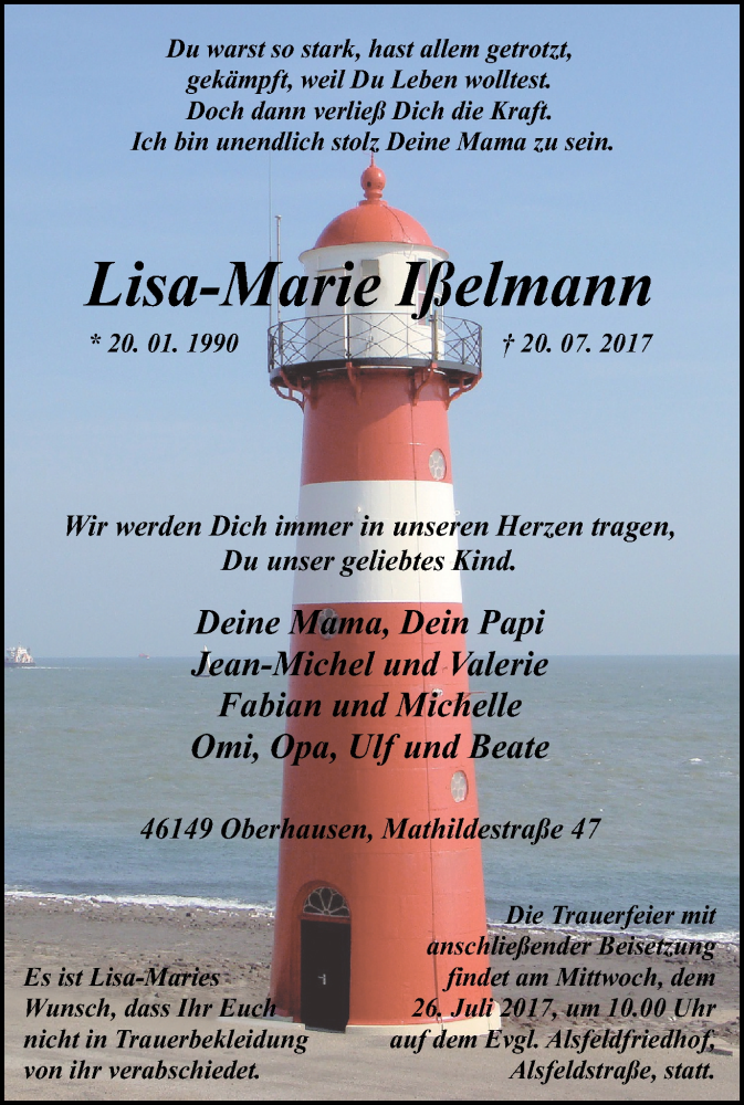  Traueranzeige für Lisa-Marie Ißelmann vom 22.07.2017 aus Wochen-Anzeiger Oberhausen