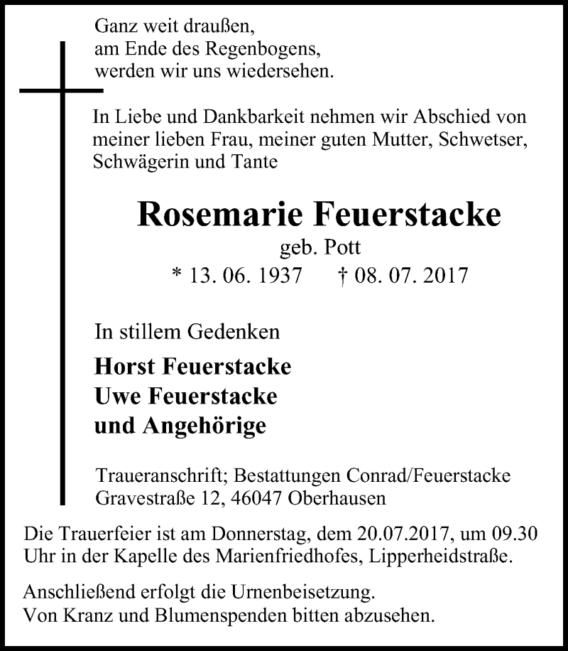  Traueranzeige für Rosemarie Feuerstacke vom 15.07.2017 aus Wochen-Anzeiger Oberhausen